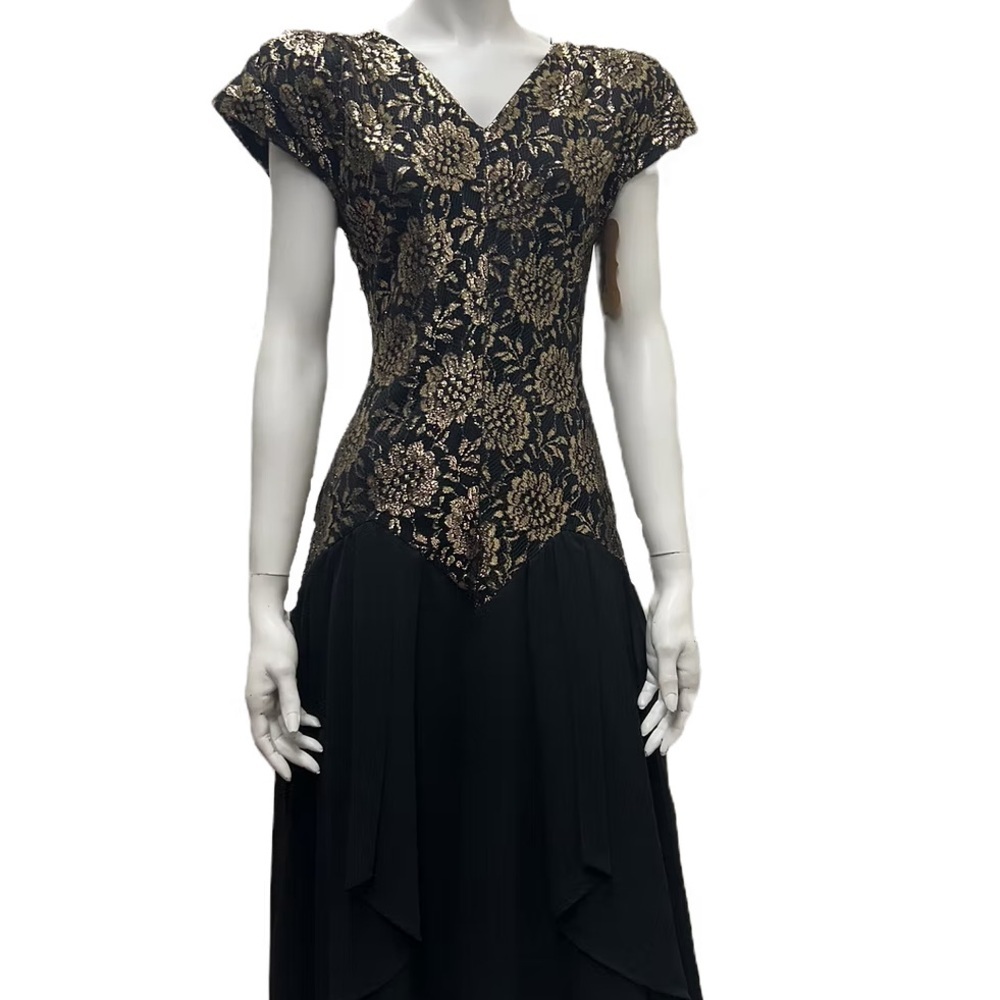 NU-MODE | Vintage Black & Gold Party Dress 80s V-Neck Chiffon Skirt